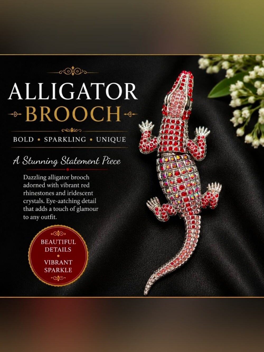 Reticulated Alligator Brooch Pin – Red Rhinestone Crystal Statement Jewelry